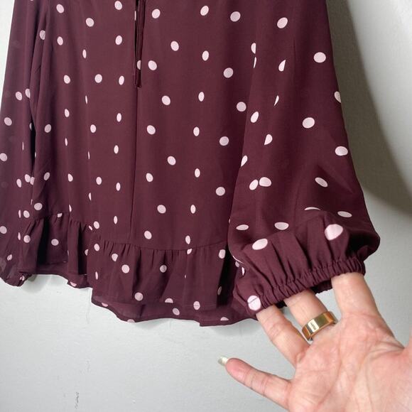 Loft Burgundy Plum & Pink Polka Dot Tie Neck Ruffle Hem Long Sleeve Blouse XXS - Picture 5 of 11